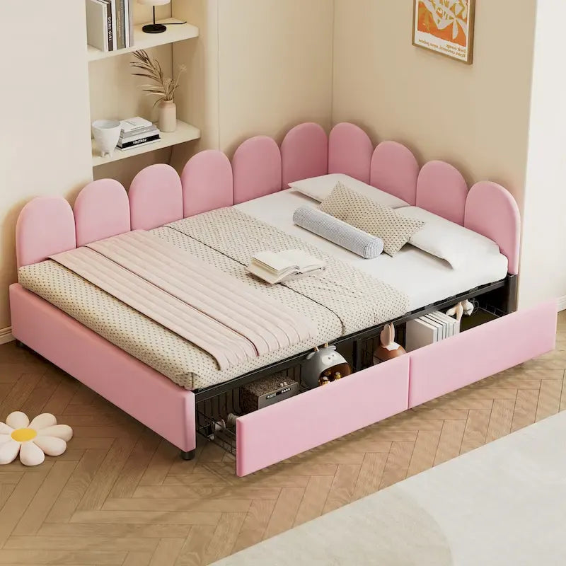 Full Size Velvet Upholstered Daybed – Tufted Diagonal Headboard & 2 Storage Drawers