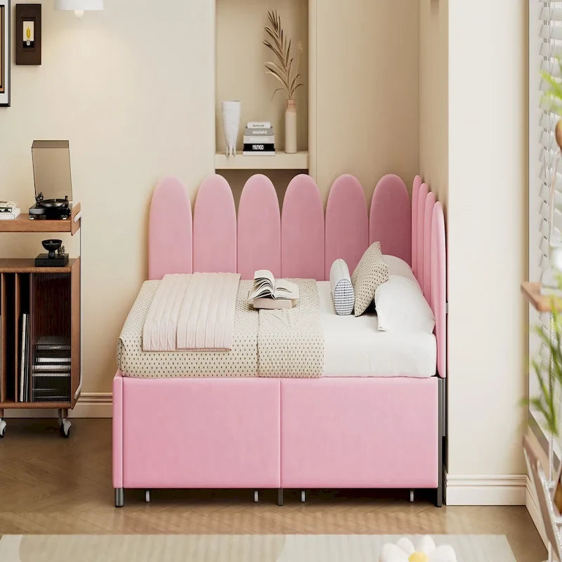 Full Size Velvet Upholstered Daybed – Tufted Diagonal Headboard & 2 Storage Drawers