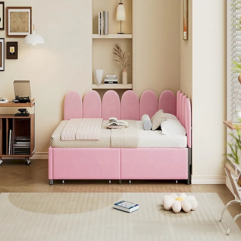 Full Size Velvet Upholstered Daybed – Tufted Diagonal Headboard & 2 Storage Drawers