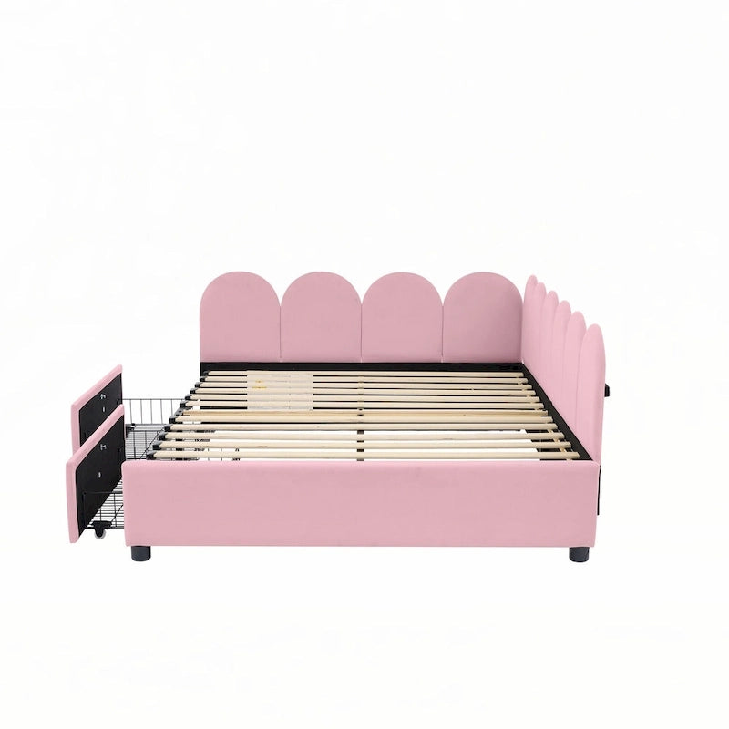 Full Size Velvet Upholstered Daybed – Tufted Diagonal Headboard & 2 Storage Drawers