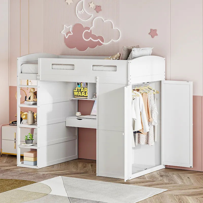 Loft Bed with Built-In Desk, Wardrobe, 4 Drawers & 4 Shelves — Twin & Full Size