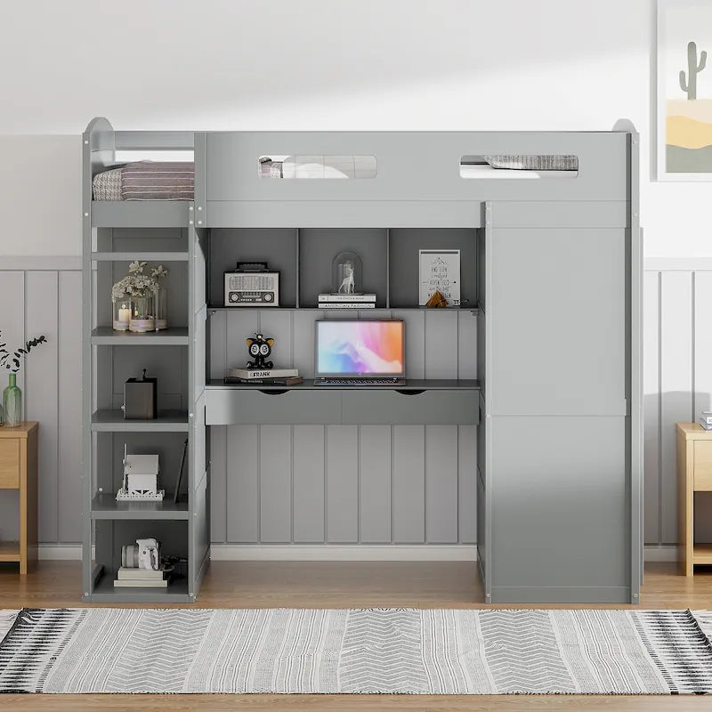 Loft Bed with Built-In Desk, Wardrobe, 4 Drawers & 4 Shelves — Twin & Full Size