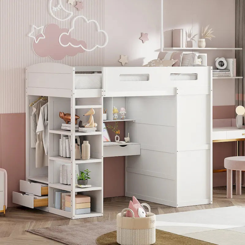 Loft Bed with Built-In Desk, Wardrobe, 4 Drawers & 4 Shelves — Twin & Full Size