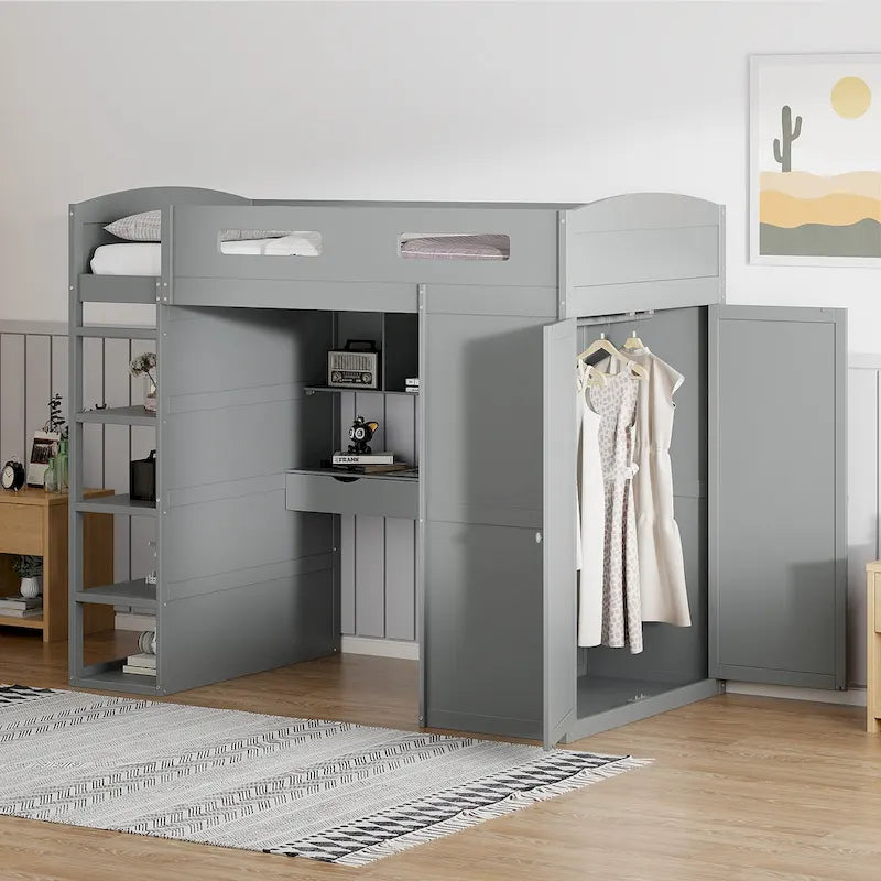 Loft Bed with Built-In Desk, Wardrobe, 4 Drawers & 4 Shelves — Twin & Full Size