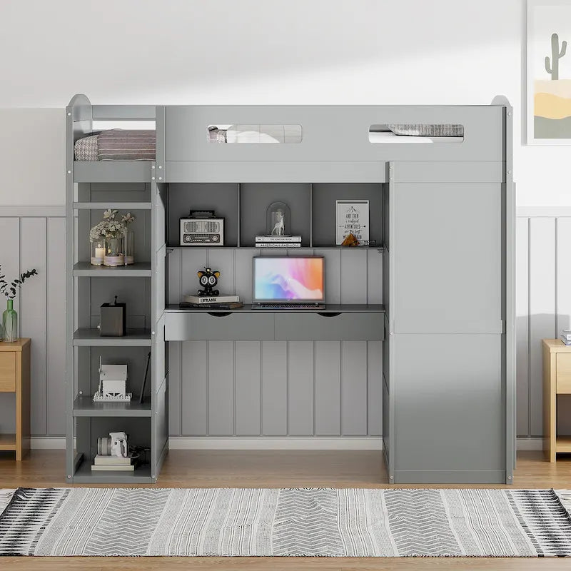 Loft Bed with Built-In Desk, Wardrobe, 4 Drawers & 4 Shelves — Twin & Full Size