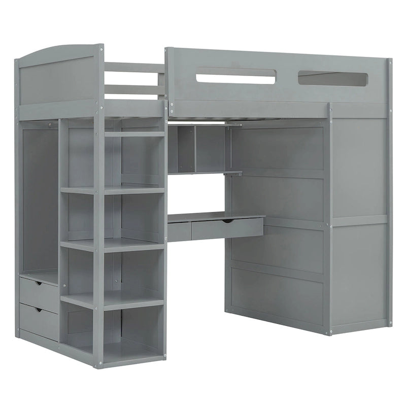 Loft Bed with Built-In Desk, Wardrobe, 4 Drawers & 4 Shelves — Twin & Full Size