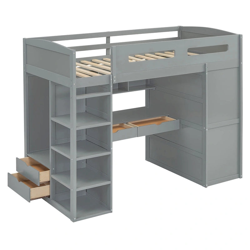 Loft Bed with Built-In Desk, Wardrobe, 4 Drawers & 4 Shelves — Twin & Full Size