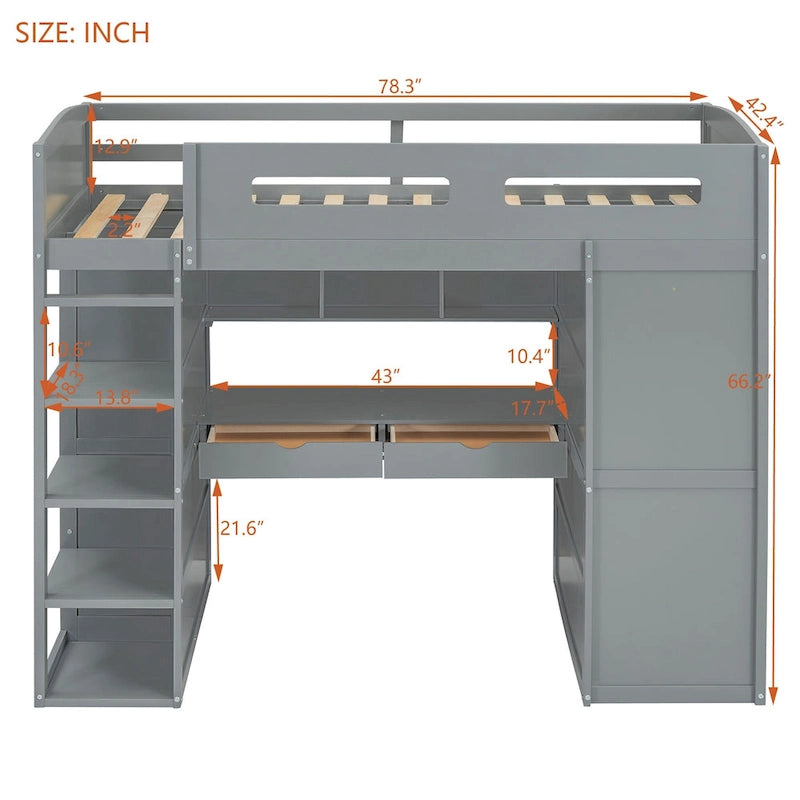 Loft Bed with Built-In Desk, Wardrobe, 4 Drawers & 4 Shelves — Twin & Full Size