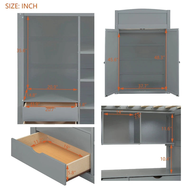 Loft Bed with Built-In Desk, Wardrobe, 4 Drawers & 4 Shelves — Twin & Full Size