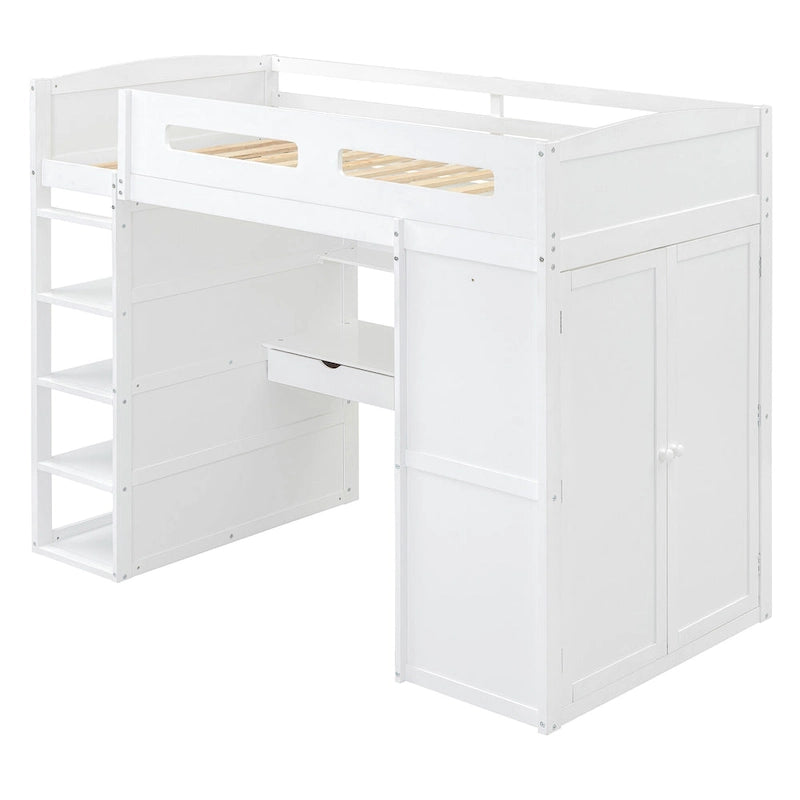 Loft Bed with Built-In Desk, Wardrobe, 4 Drawers & 4 Shelves — Twin & Full Size