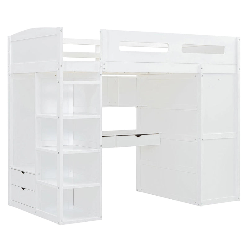 Loft Bed with Built-In Desk, Wardrobe, 4 Drawers & 4 Shelves — Twin & Full Size
