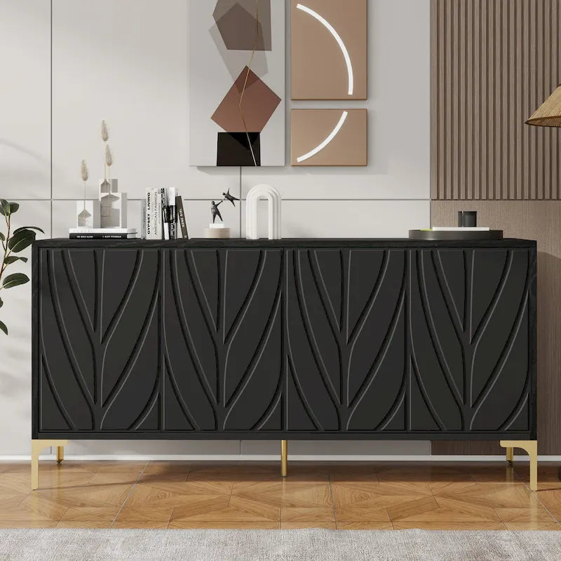 4-Door Carved Sideboard Buffet Cabinet – Handleless Push-to-Open with Adjustable Shelves