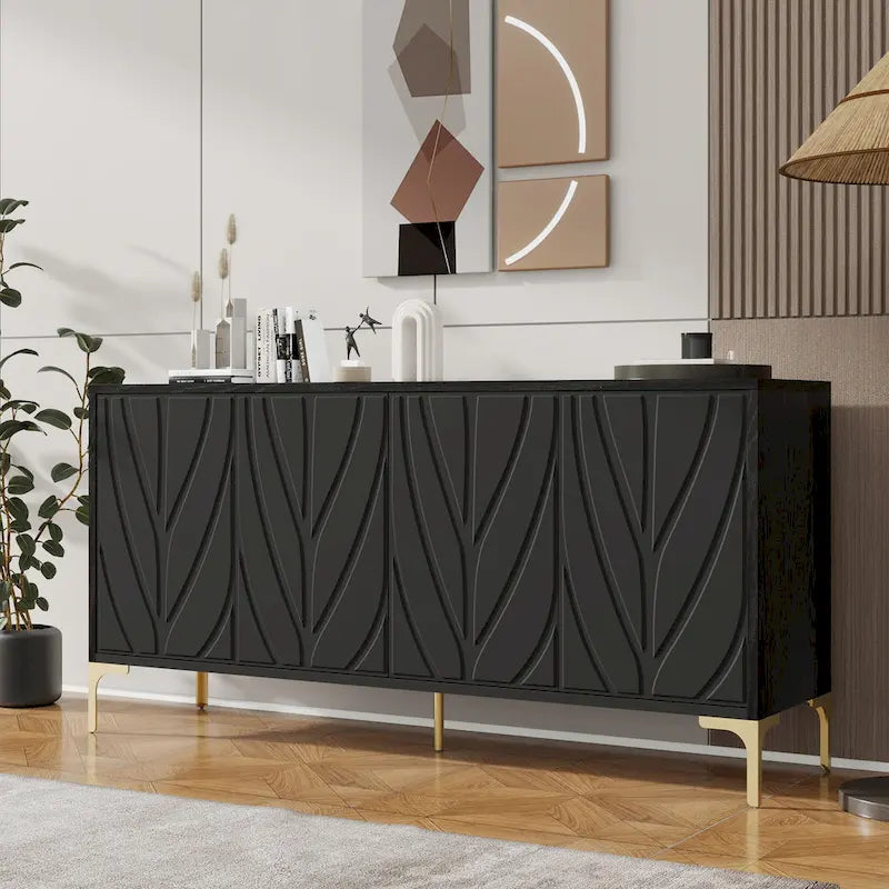 4-Door Carved Sideboard Buffet Cabinet – Handleless Push-to-Open with Adjustable Shelves