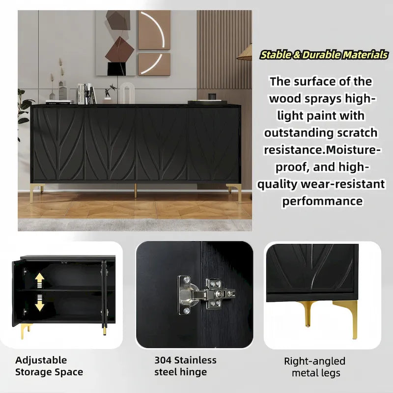 4-Door Carved Sideboard Buffet Cabinet – Handleless Push-to-Open with Adjustable Shelves