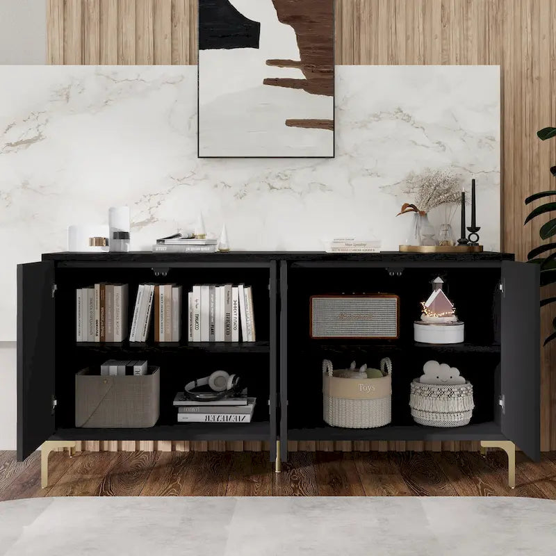 4-Door Carved Sideboard Buffet Cabinet – Handleless Push-to-Open with Adjustable Shelves