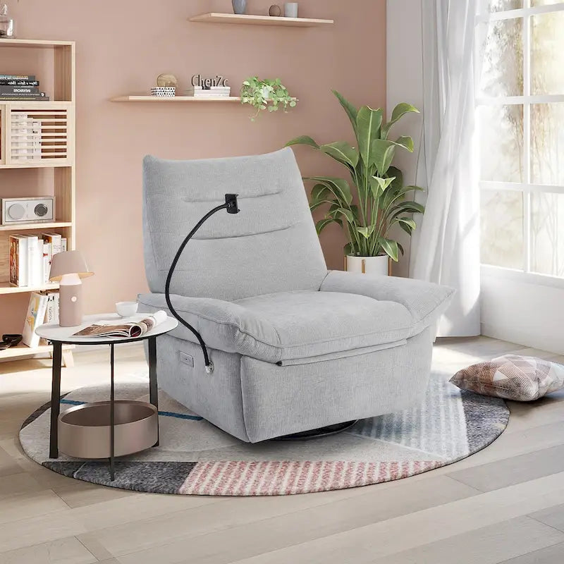 Power Recliner Chair with 360° Swivel, Glider & Rocker – Wireless Charging & Tufted Chenille