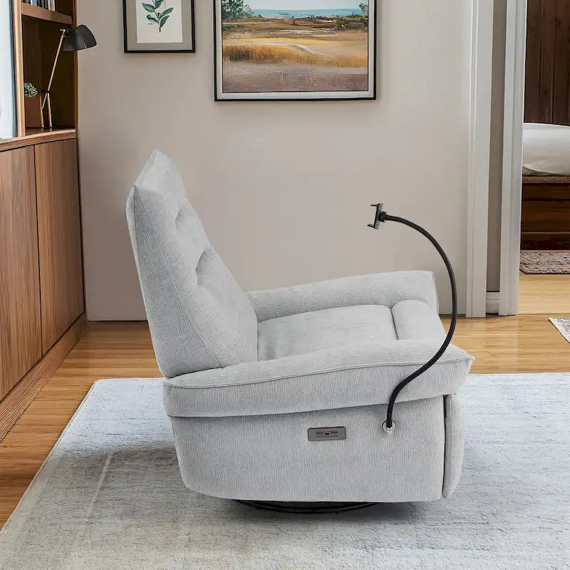 Power Recliner Chair with 360° Swivel, Glider & Rocker – Wireless Charging & Tufted Chenille