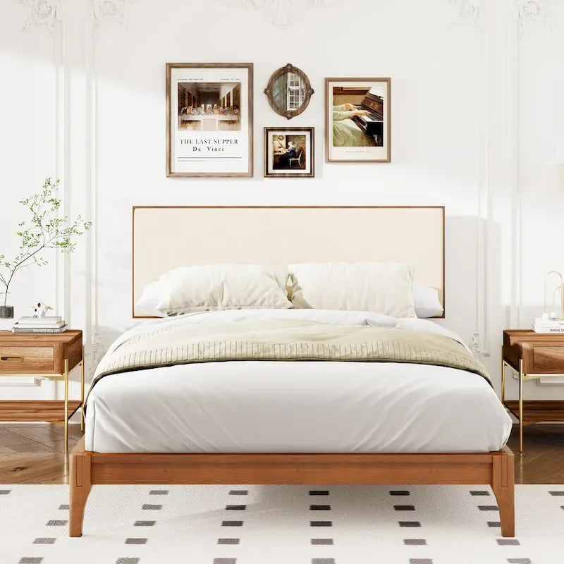 Solid Bamboo Platform Bed with Adjustable Upholstered Headboard & Under-Bed Storage