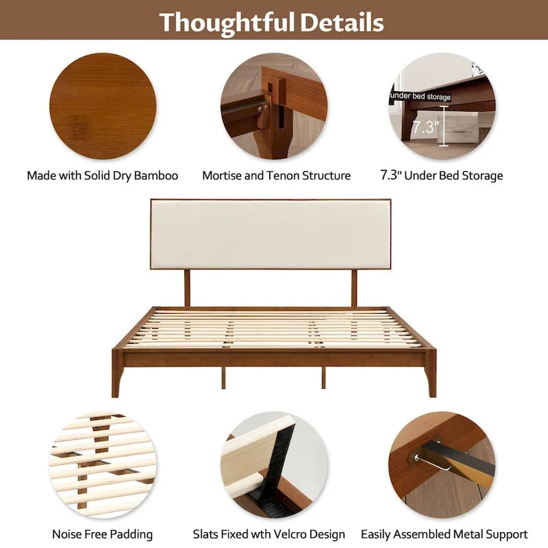 Solid Bamboo Platform Bed with Adjustable Upholstered Headboard & Under-Bed Storage
