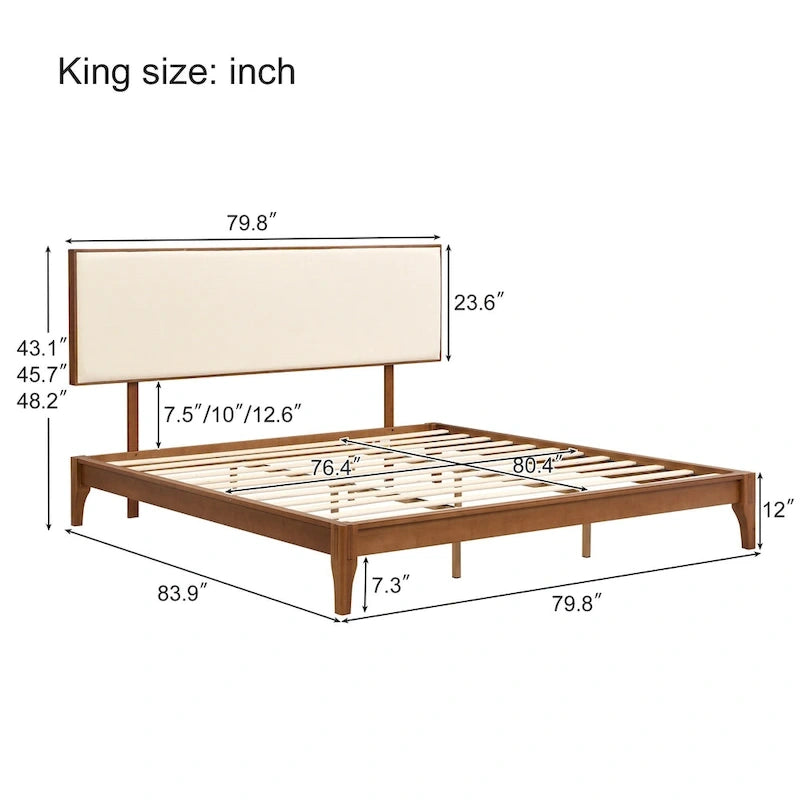 Solid Bamboo Platform Bed with Adjustable Upholstered Headboard & Under-Bed Storage
