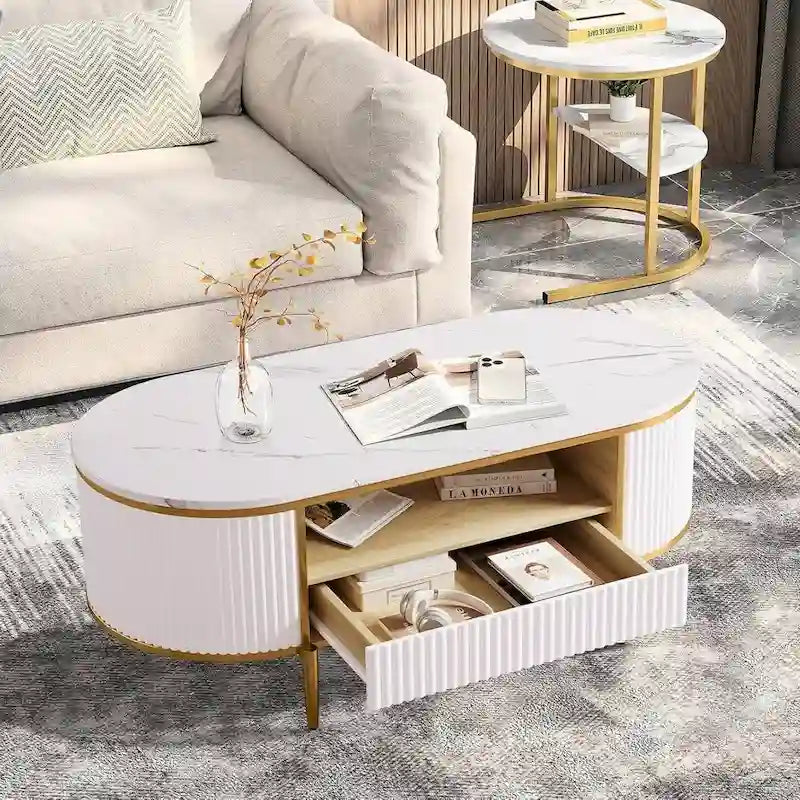 Modern Oval Coffee Table – Faux Marble Top, Fluted Panel & Drawer Storage