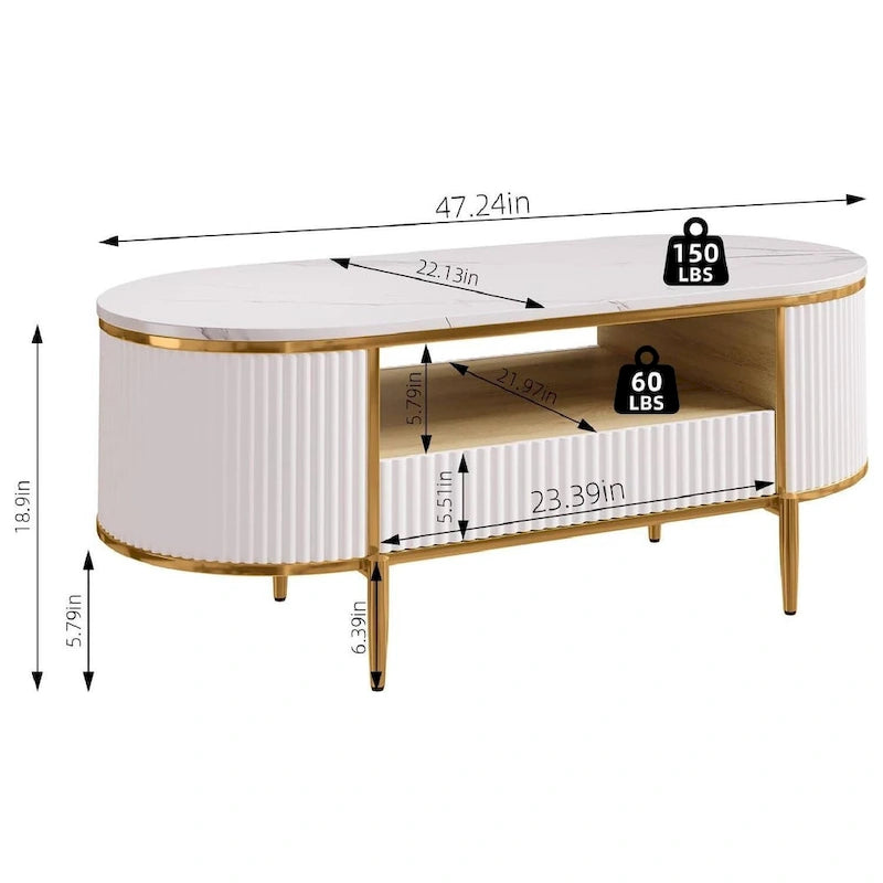 Modern Oval Coffee Table – Faux Marble Top, Fluted Panel & Drawer Storage