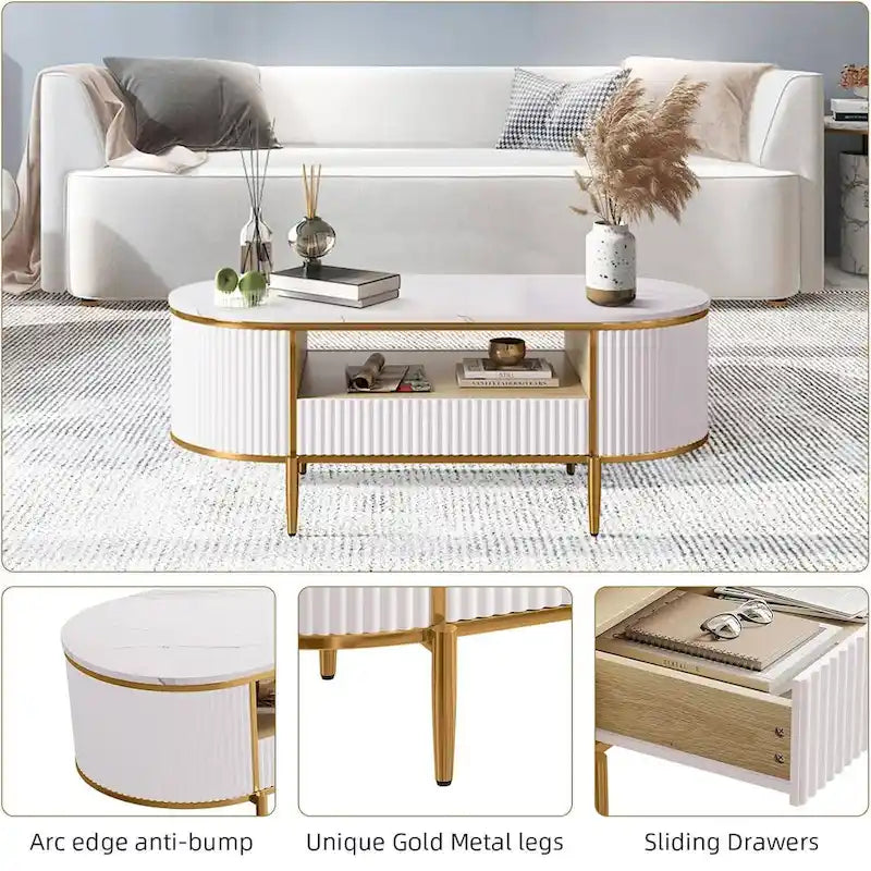 Modern Oval Coffee Table – Faux Marble Top, Fluted Panel & Drawer Storage