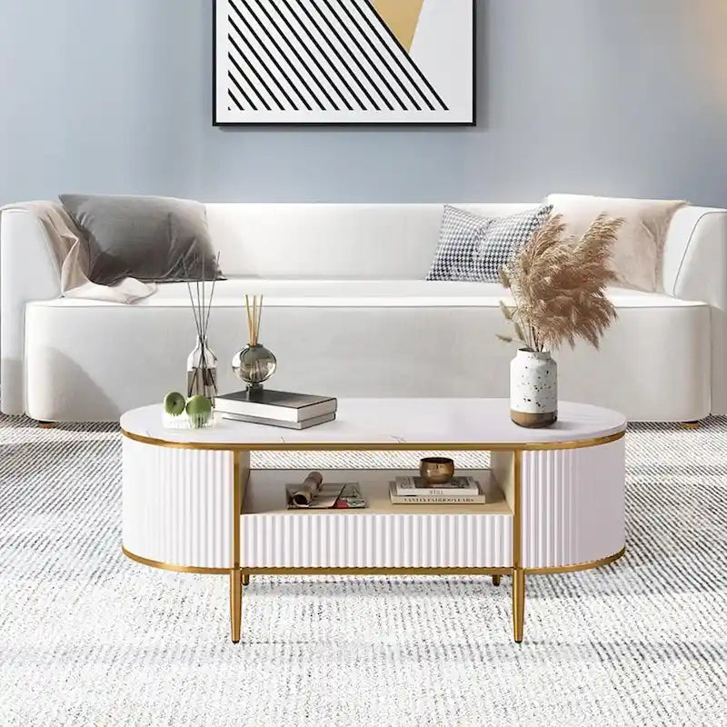 Modern Oval Coffee Table – Faux Marble Top, Fluted Panel & Drawer Storage