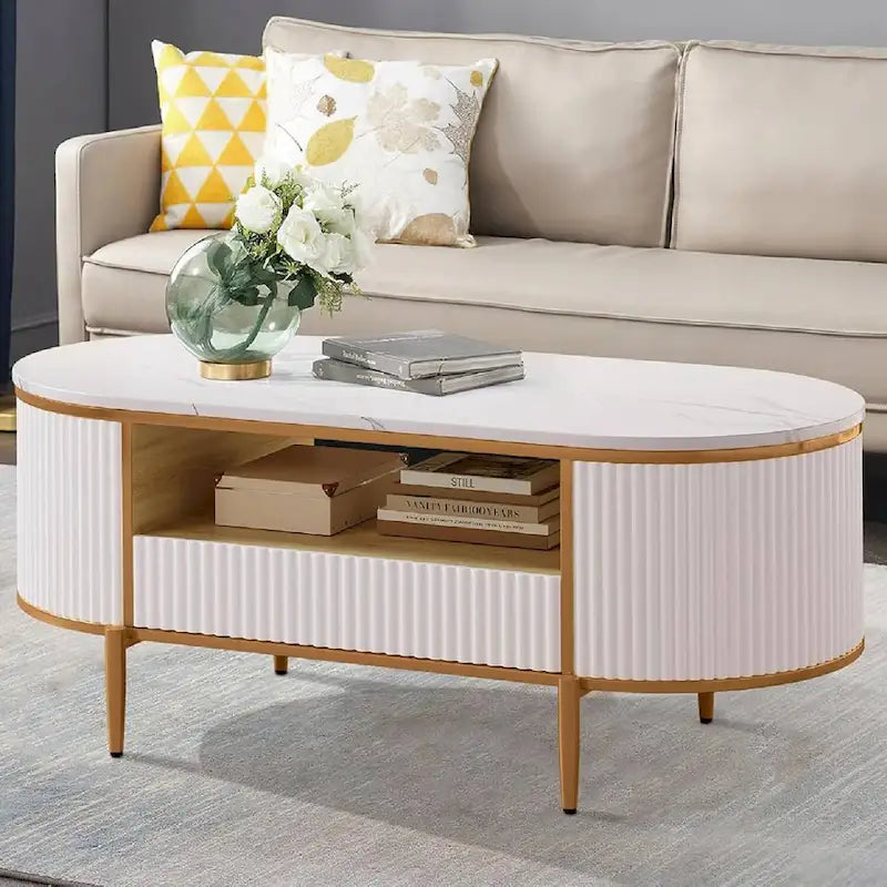 Modern Oval Coffee Table – Faux Marble Top, Fluted Panel & Drawer Storage
