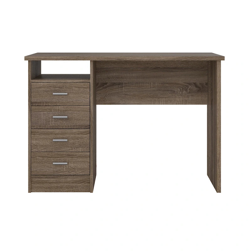 Modern 4-Drawer Writing Desk – Open Shelf, Aluminum Bar Handles & Stain-Resistant Foil Surface