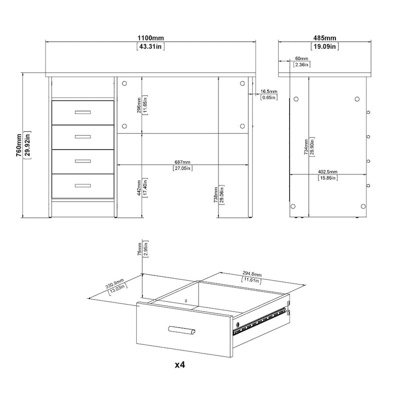Modern 4-Drawer Writing Desk – Open Shelf, Aluminum Bar Handles & Stain-Resistant Foil Surface
