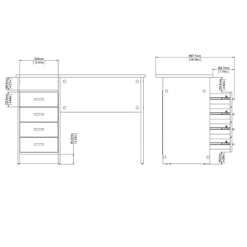 Modern 4-Drawer Writing Desk – Open Shelf, Aluminum Bar Handles & Stain-Resistant Foil Surface