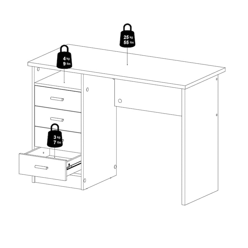 Modern 4-Drawer Writing Desk – Open Shelf, Aluminum Bar Handles & Stain-Resistant Foil Surface