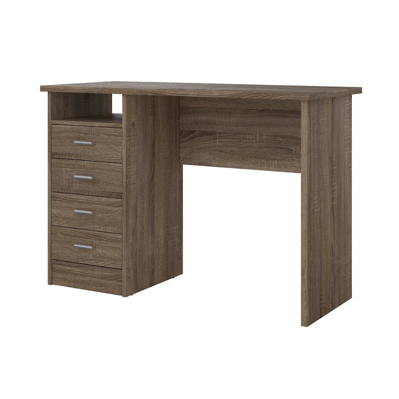 Modern 4-Drawer Writing Desk – Open Shelf, Aluminum Bar Handles & Stain-Resistant Foil Surface