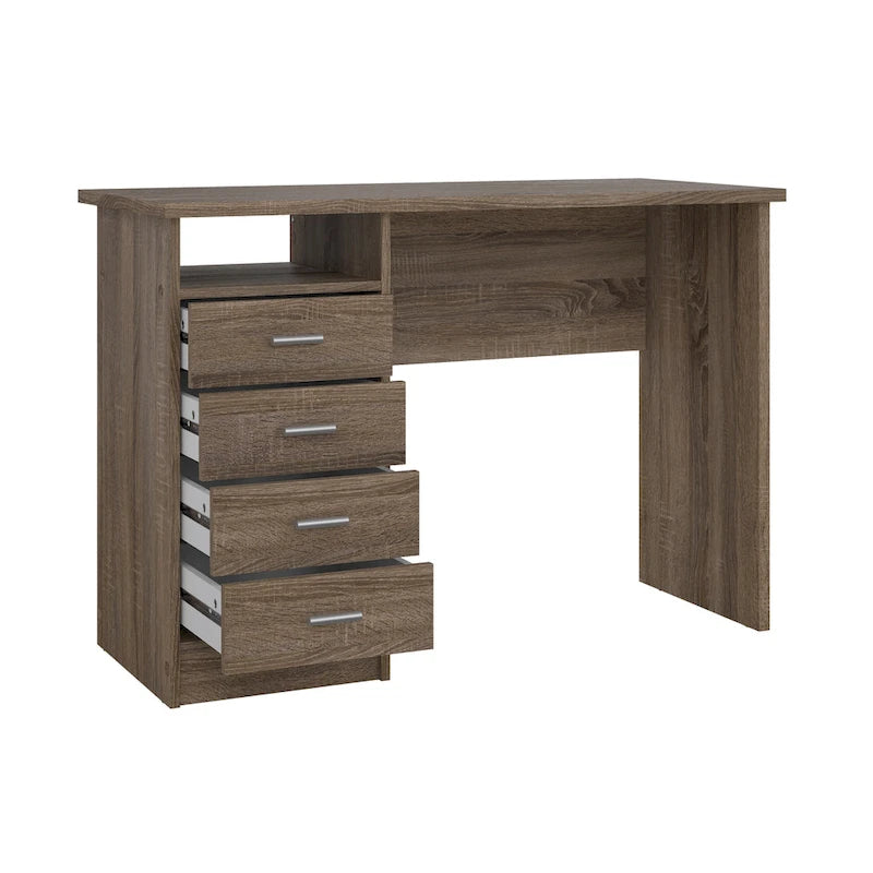 Modern 4-Drawer Writing Desk – Open Shelf, Aluminum Bar Handles & Stain-Resistant Foil Surface
