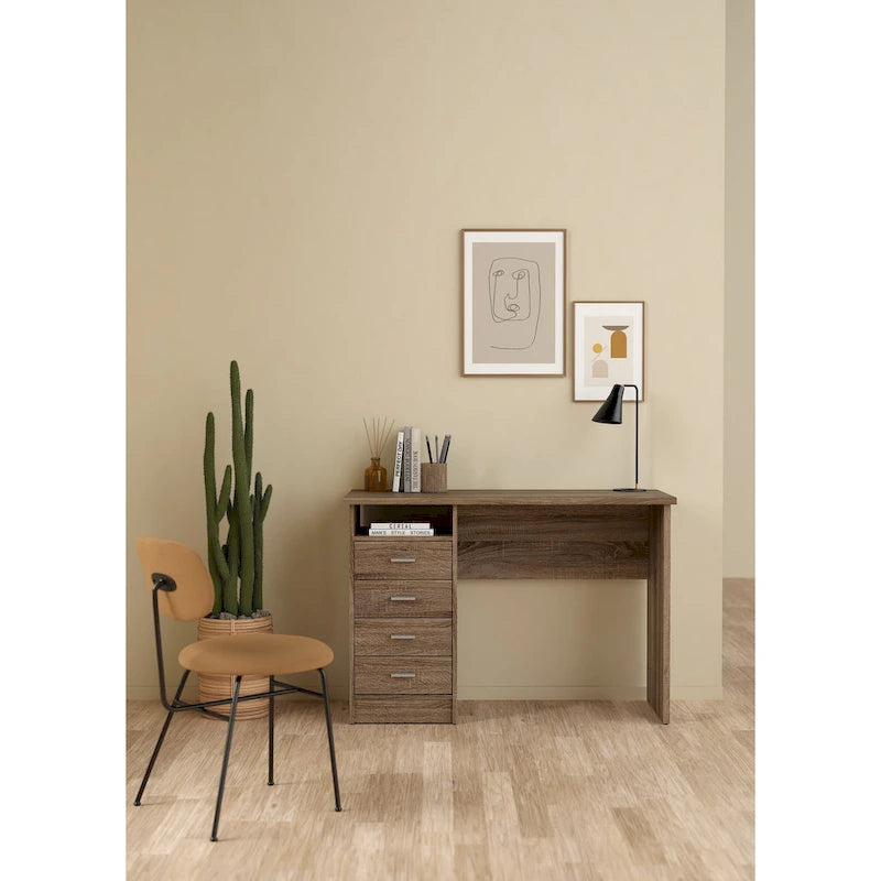 Modern 4-Drawer Writing Desk – Open Shelf, Aluminum Bar Handles & Stain-Resistant Foil Surface