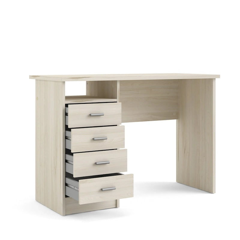 Modern 4-Drawer Writing Desk – Open Shelf, Aluminum Bar Handles & Stain-Resistant Foil Surface