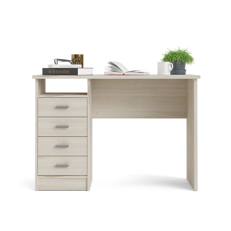 Modern 4-Drawer Writing Desk – Open Shelf, Aluminum Bar Handles & Stain-Resistant Foil Surface