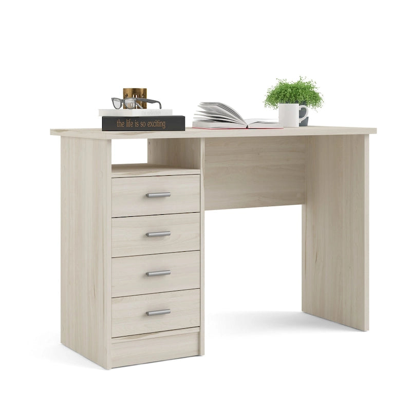 Modern 4-Drawer Writing Desk – Open Shelf, Aluminum Bar Handles & Stain-Resistant Foil Surface