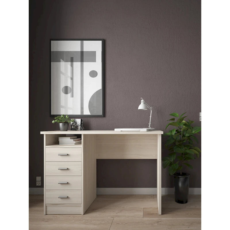 Modern 4-Drawer Writing Desk – Open Shelf, Aluminum Bar Handles & Stain-Resistant Foil Surface
