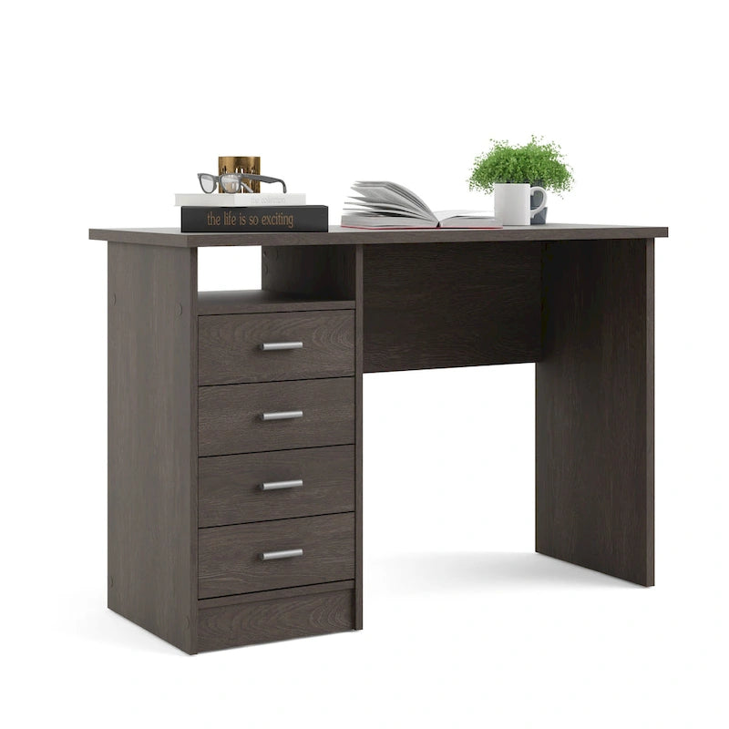 Modern 4-Drawer Writing Desk – Open Shelf, Aluminum Bar Handles & Stain-Resistant Foil Surface