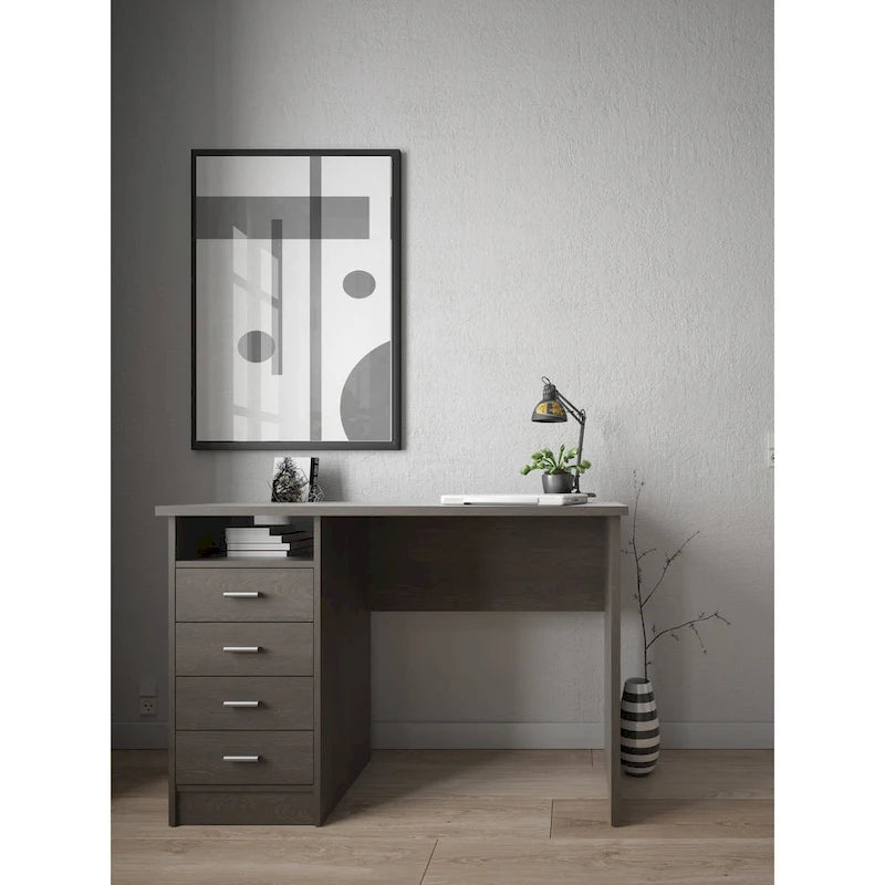 Modern 4-Drawer Writing Desk – Open Shelf, Aluminum Bar Handles & Stain-Resistant Foil Surface