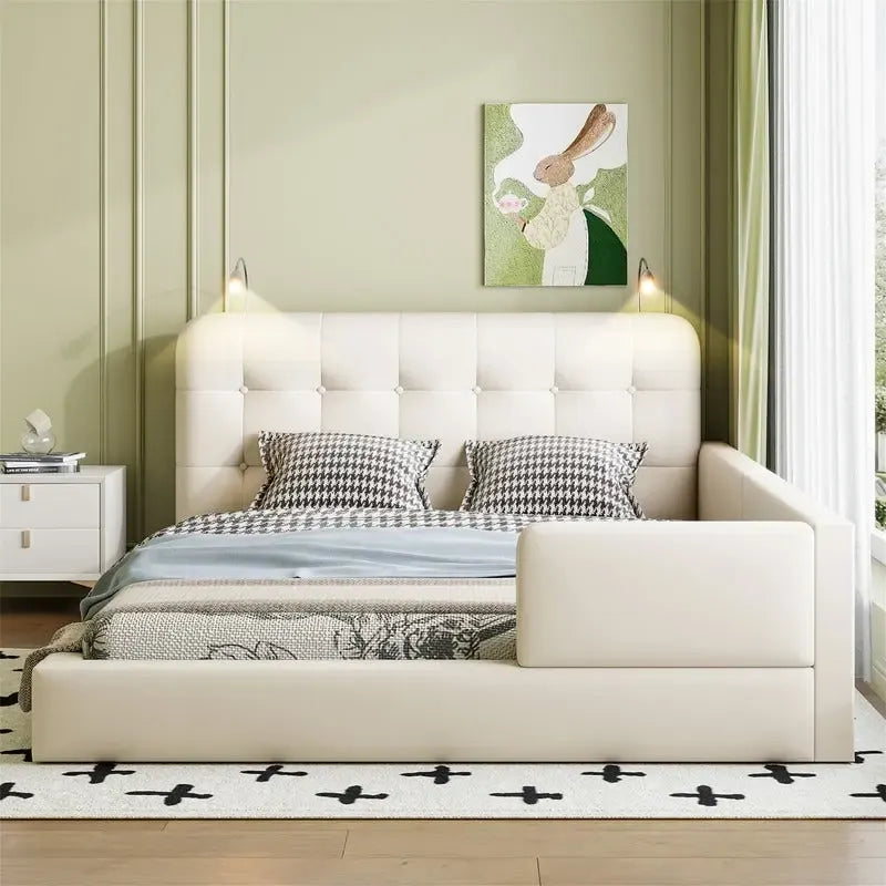 Queen PU Leather Platform Bed with Built-In Reading Lights & Tufted Headboard — White & Black