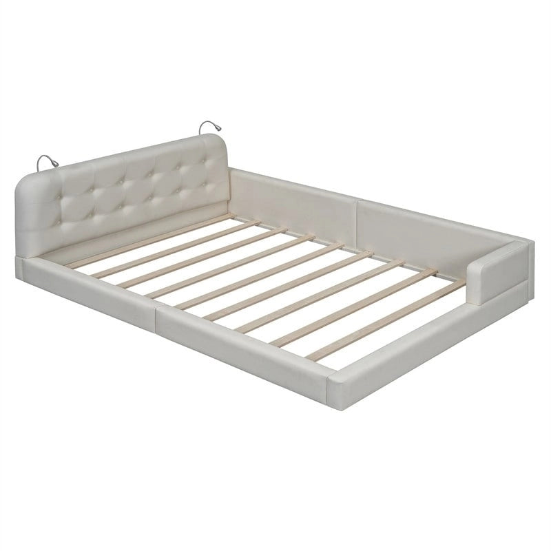 Queen PU Leather Platform Bed with Built-In Reading Lights & Tufted Headboard — White & Black