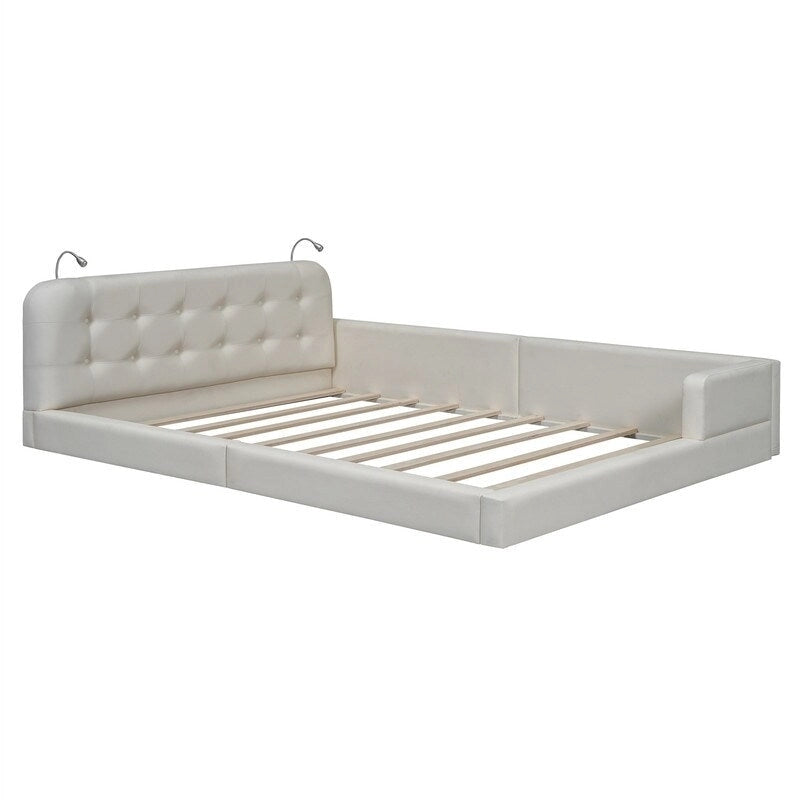 Queen PU Leather Platform Bed with Built-In Reading Lights & Tufted Headboard — White & Black