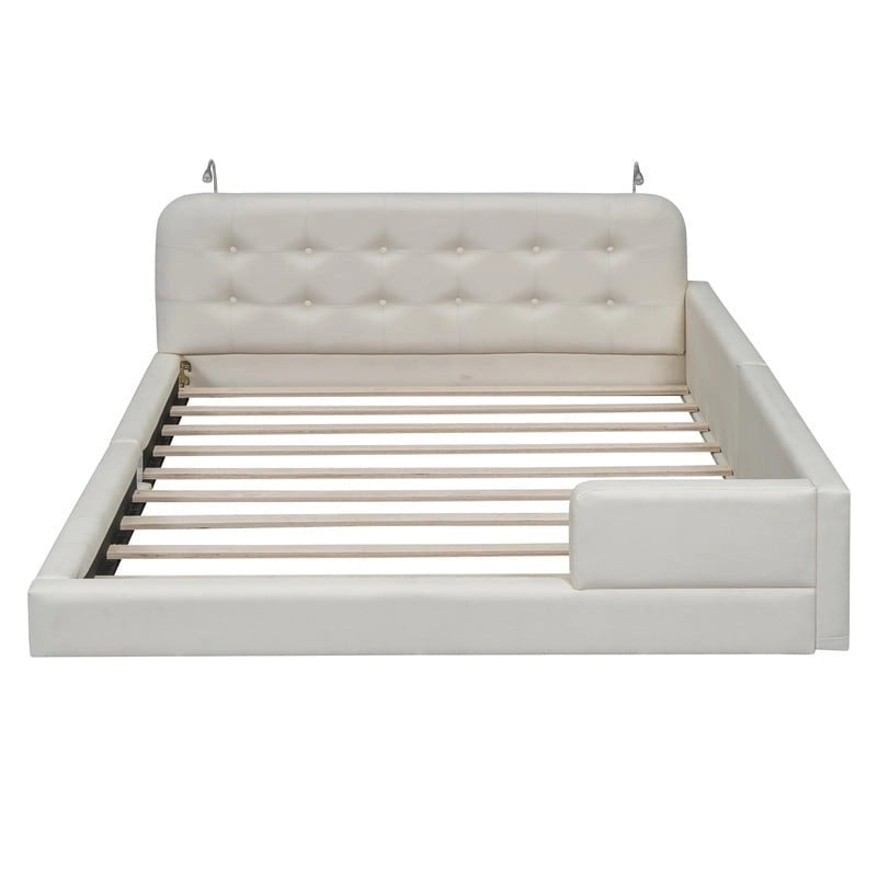Queen PU Leather Platform Bed with Built-In Reading Lights & Tufted Headboard — White & Black