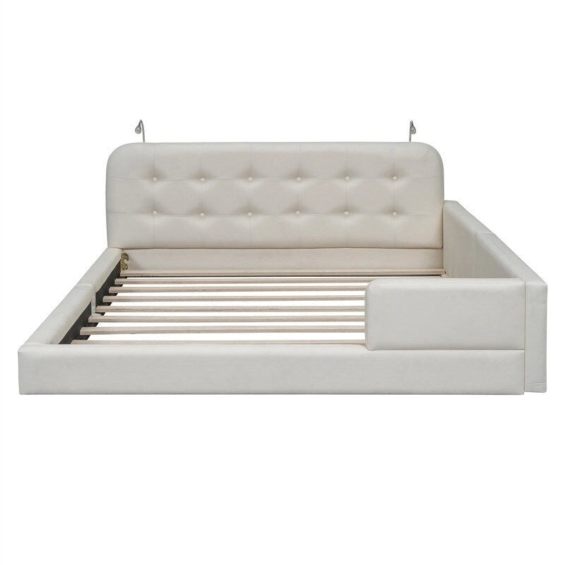 Queen PU Leather Platform Bed with Built-In Reading Lights & Tufted Headboard — White & Black
