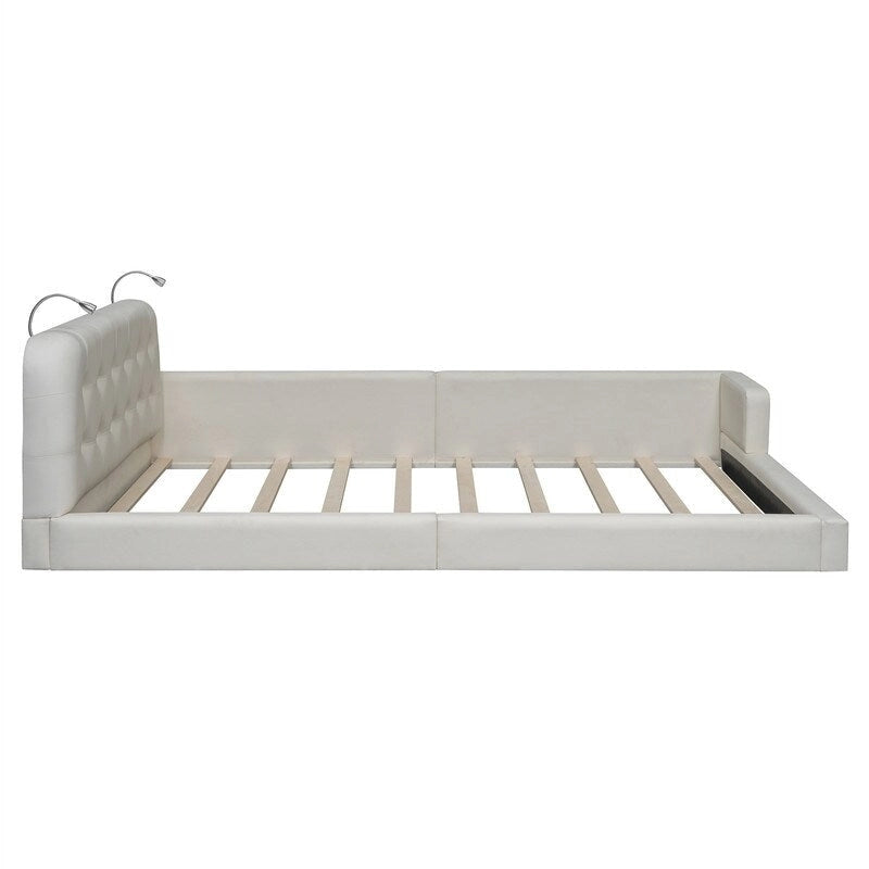 Queen PU Leather Platform Bed with Built-In Reading Lights & Tufted Headboard — White & Black