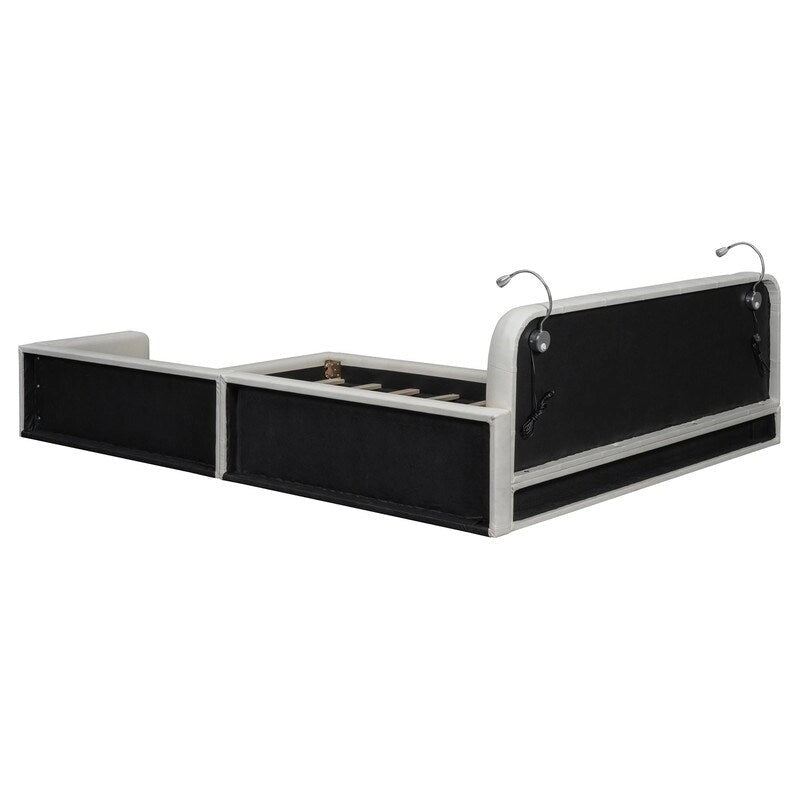 Queen PU Leather Platform Bed with Built-In Reading Lights & Tufted Headboard — White & Black