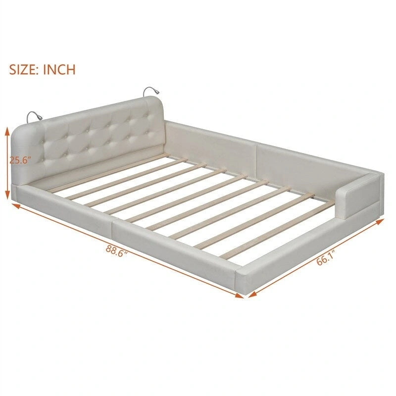 Queen PU Leather Platform Bed with Built-In Reading Lights & Tufted Headboard — White & Black